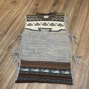 Vintage Collage Knit Sweater Poncho Vest Women 1970s Side Ties Western Tribal